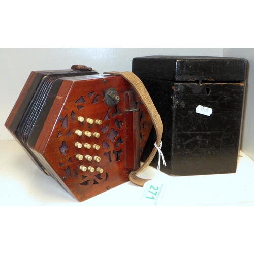 271 - A concertina.  A/F old restoration, lacking name plate.  Cased.