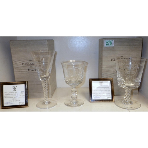 278 - Two York interest Stuart Crystal commemorative goblets, cased; a large collection of late 20th cent ... 