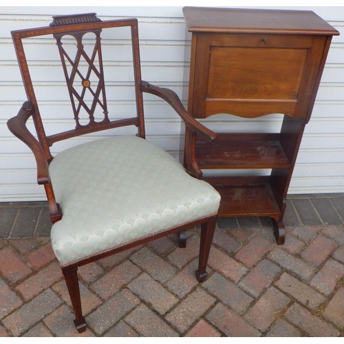 848 - An Edwardian inlaid elbow chair together with a narrow desk (2)