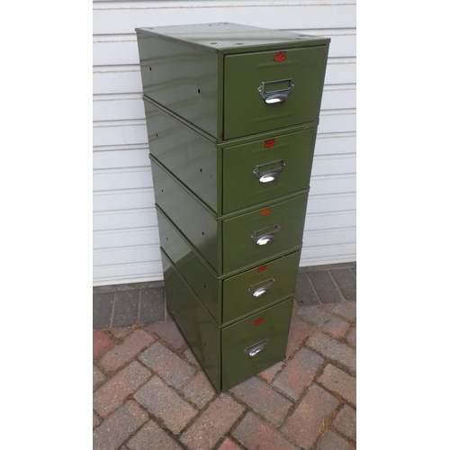 852 - A set 5 of Veteran Series green metal stacking filing drawers 99cm tall