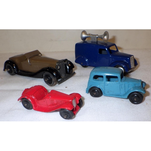 287 - Dinky Toys die-casts: a 36e Salmson Two Seater, brown and black; a 36 Series 35c MG; a 36 Series 35a... 