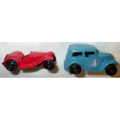 287 - Dinky Toys die-casts: a 36e Salmson Two Seater, brown and black; a 36 Series 35c MG; a 36 Series 35a... 