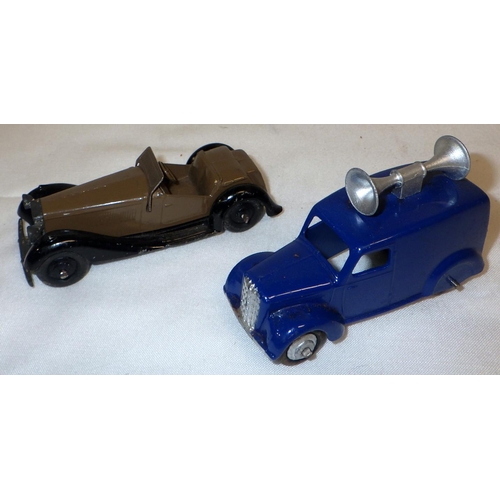 287 - Dinky Toys die-casts: a 36e Salmson Two Seater, brown and black; a 36 Series 35c MG; a 36 Series 35a... 