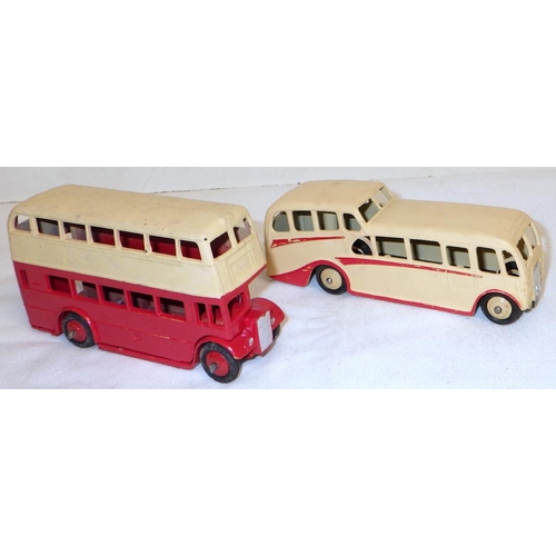 288 - Dinky Toys die-casts: a 29c AEC Double Decker Bus in red and yellow together with a 280 Observation ... 