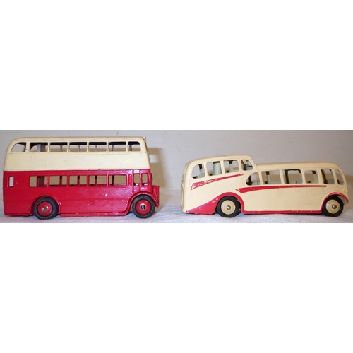 288 - Dinky Toys die-casts: a 29c AEC Double Decker Bus in red and yellow together with a 280 Observation ... 