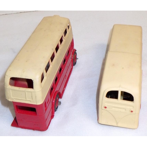 288 - Dinky Toys die-casts: a 29c AEC Double Decker Bus in red and yellow together with a 280 Observation ... 