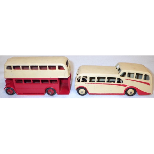 288 - Dinky Toys die-casts: a 29c AEC Double Decker Bus in red and yellow together with a 280 Observation ... 