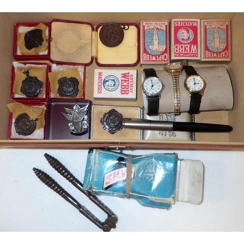 305 - A collection of Bradford interest cycling medals and badges,1940s and later; a Parker 51 pen, etc.