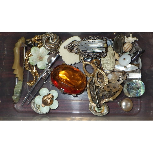 309 - A silver plated nurses' panel belt; costume  jewellery incl white metal pieces.