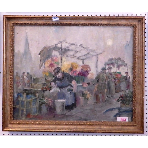 355 - A flower seller at her market stall, oil on canvas scene signed Nicholas (?).  50 x 40cm within wood... 