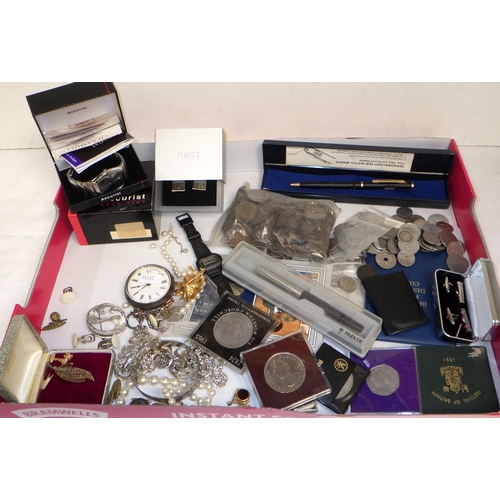 315 - A silver nurses' belt buckle; a silver cased pocket watch; coins, costume jewellery, cufflinks etc.