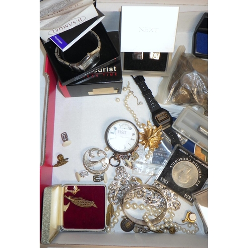 315 - A silver nurses' belt buckle; a silver cased pocket watch; coins, costume jewellery, cufflinks etc.