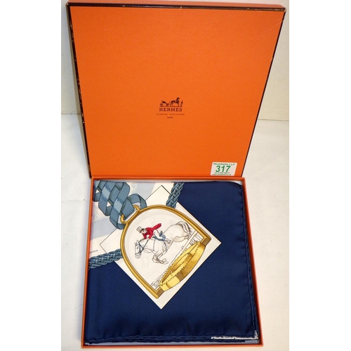 317 - A Hermes Paris silk scarf - Les Allures Du Cheval design in blue.  Boxed