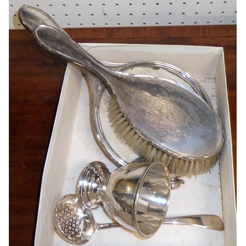 292 - Silver: sugar sifter spoon, IB London 1800; a hand mirror back; a hair brush; a christening mug 