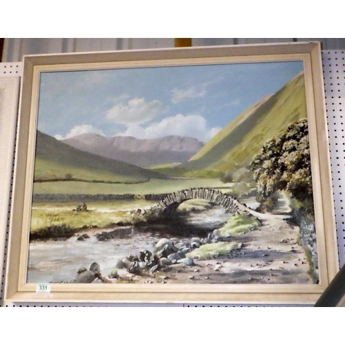 331 - A Cumbrian landscape view with stone bridge, painting on board signed H D Chalk.  75 x 60cm within f... 