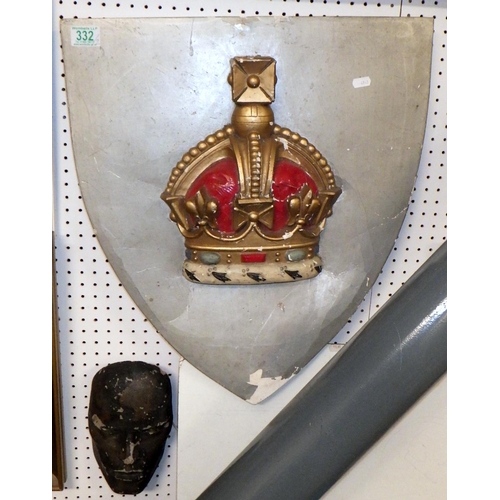 332 - A decorative wall mounted sword holder, shield fronted, painted fibreglass, a/f, 50 x 56cm; a wax de... 