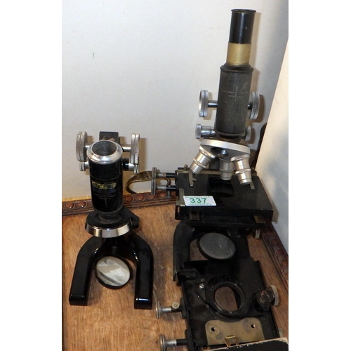 337 - Two Cooke Troughton and Simms, York microscopes, both a/f; a case of microscope slides, etc; present... 