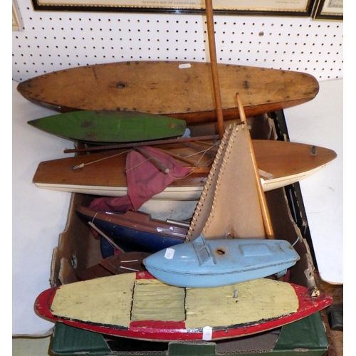 338 - Two wooden pond yacht hulls, other model and toy boats.  All a/f