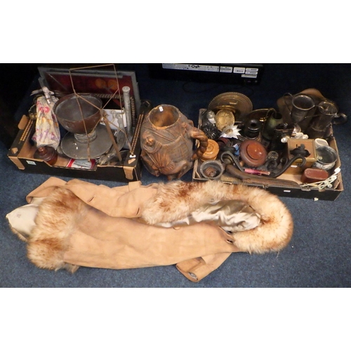 354 - Various metalwares, woodenwares and miscellaneous; a fur collar suede coat; etc.