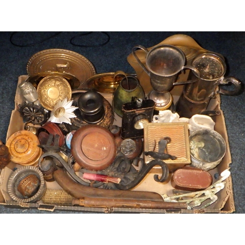 354 - Various metalwares, woodenwares and miscellaneous; a fur collar suede coat; etc.