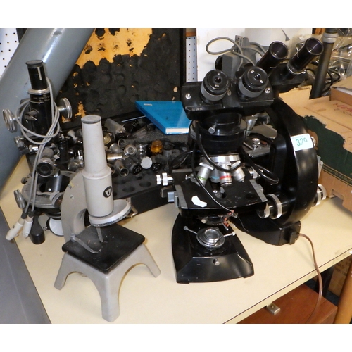 329 - A collection of microscopes, microscope lenses and parts etc, all a/f.  (qty)