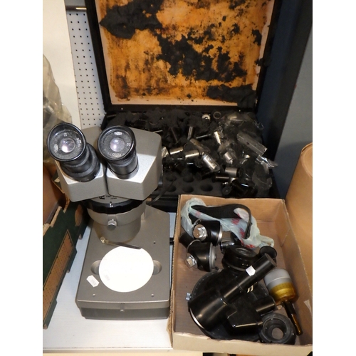 329 - A collection of microscopes, microscope lenses and parts etc, all a/f.  (qty)