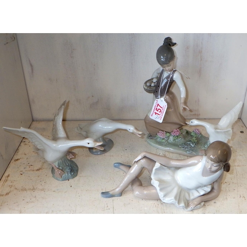 157 - A lladro figure of a girl and goose together with two Lladro gooses and a damaged Nao ballerina (4)