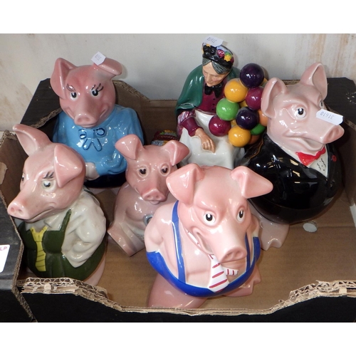 160 - A set of Five Nat West pigs together with a Royal Doulton Balloon seller (5)