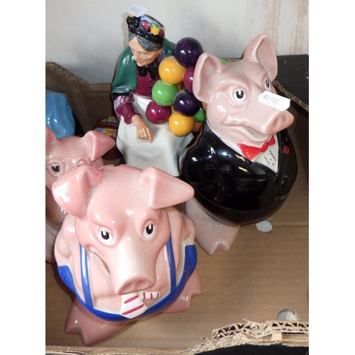 160 - A set of Five Nat West pigs together with a Royal Doulton Balloon seller (5)