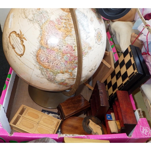 167 - Two boxes of misc collectables together with dolls, globe, cameras etc (3)
