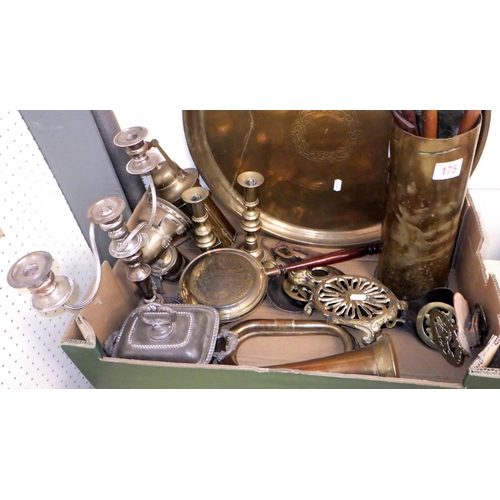 175 - A group of misc metal ware to inc trench art shell, large tray, candlesticks, walking sticks etc (qt... 