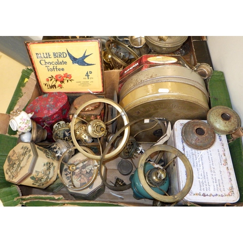 197 - Two boxes of metal wares including tins and brass lamp parts (2)
