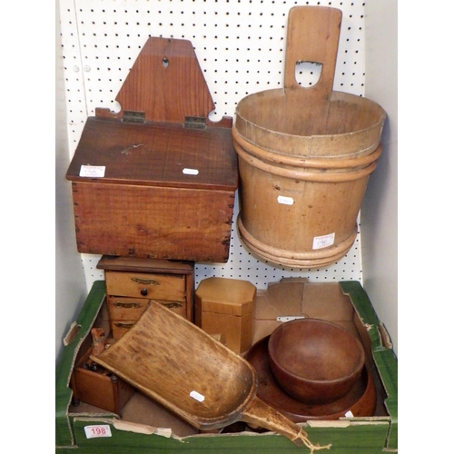 198 - A quantity of wooden items including scoops, bowls, a bucket and a hanging box (3)