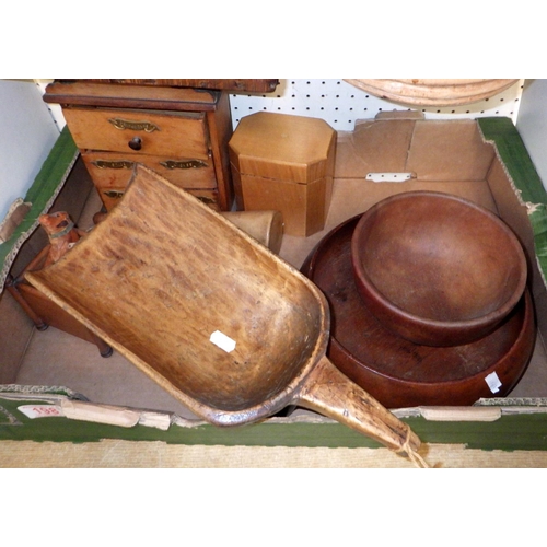 198 - A quantity of wooden items including scoops, bowls, a bucket and a hanging box (3)