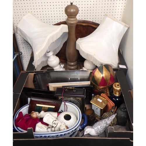199 - Two boxes of miscellaneous items including clocks, lamps and a wooden tray (2)