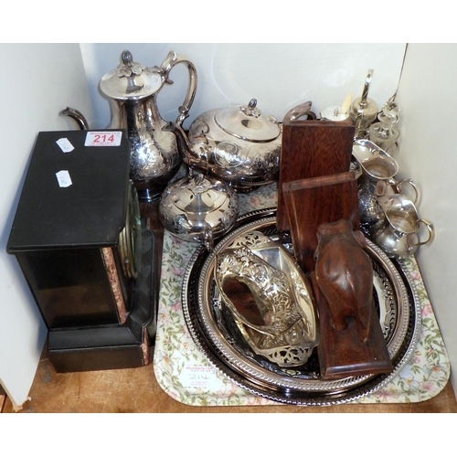 214 - Various plated metalware together with wooden elephant book ends and a mantle clock (2)