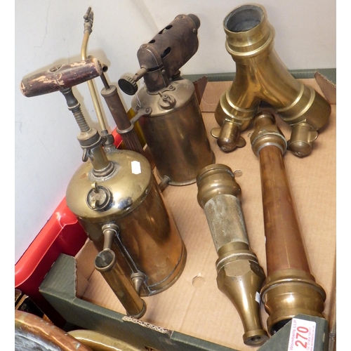 270 - Brass fire hose nozzles and pipes etc