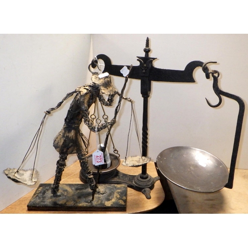 273 - Early 1900s grocer's beam scales with weighing pans and weights together with a wire folk art figure... 