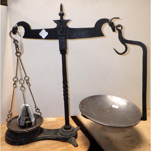 273 - Early 1900s grocer's beam scales with weighing pans and weights together with a wire folk art figure... 