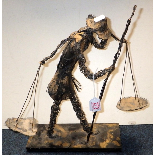 273 - Early 1900s grocer's beam scales with weighing pans and weights together with a wire folk art figure... 