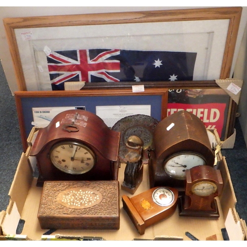 274 - Four mantel clocks etc together with framed Australian flag, cigarette advertising sign and a 'flown... 