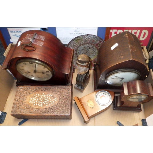 274 - Four mantel clocks etc together with framed Australian flag, cigarette advertising sign and a 'flown... 