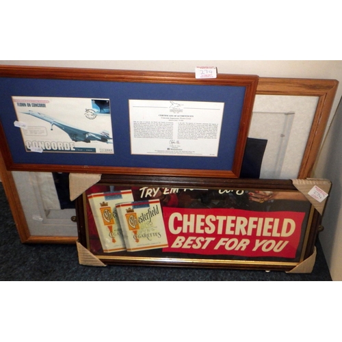 274 - Four mantel clocks etc together with framed Australian flag, cigarette advertising sign and a 'flown... 