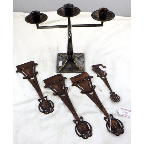 294 - A plated metal candelabra in the style of Archibald Knox (af) together with 4 Art Nouveau copper hin... 