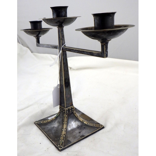 294 - A plated metal candelabra in the style of Archibald Knox (af) together with 4 Art Nouveau copper hin... 