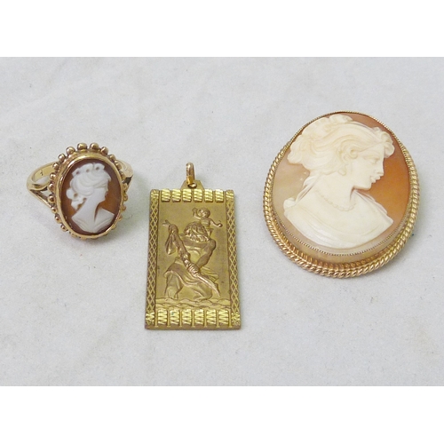66 - A 9ct gold carved cameo ring; a 9ct gold carved cameo brooch, 34 x 26mm oval; a 9ct gold St Christop... 