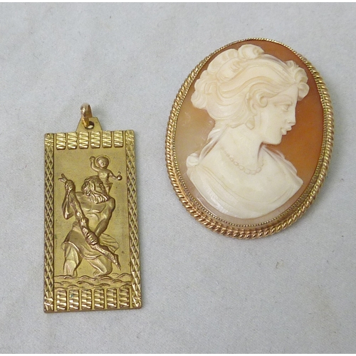 66 - A 9ct gold carved cameo ring; a 9ct gold carved cameo brooch, 34 x 26mm oval; a 9ct gold St Christop... 