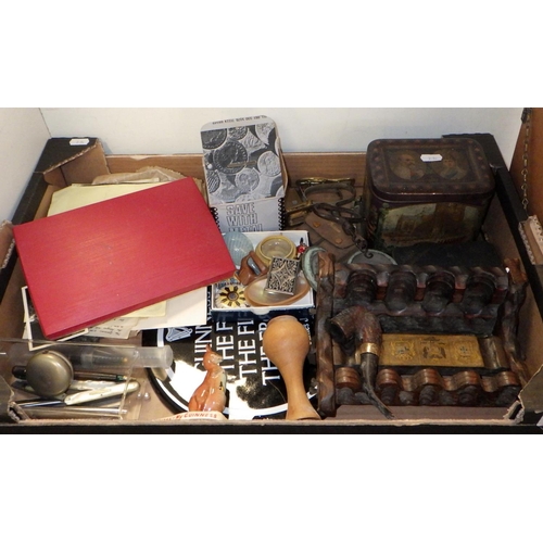 296 - A box of collectibles and ephemera including penknives, costume jewellery etc