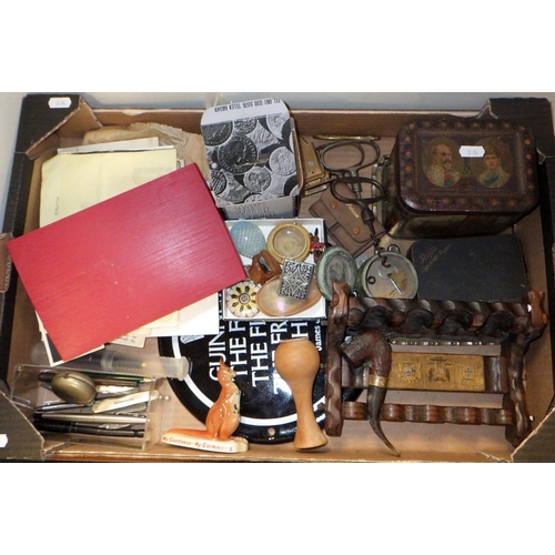 296 - A box of collectibles and ephemera including penknives, costume jewellery etc