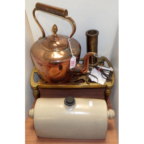 297 - A brass stand together with a copper kettle etc